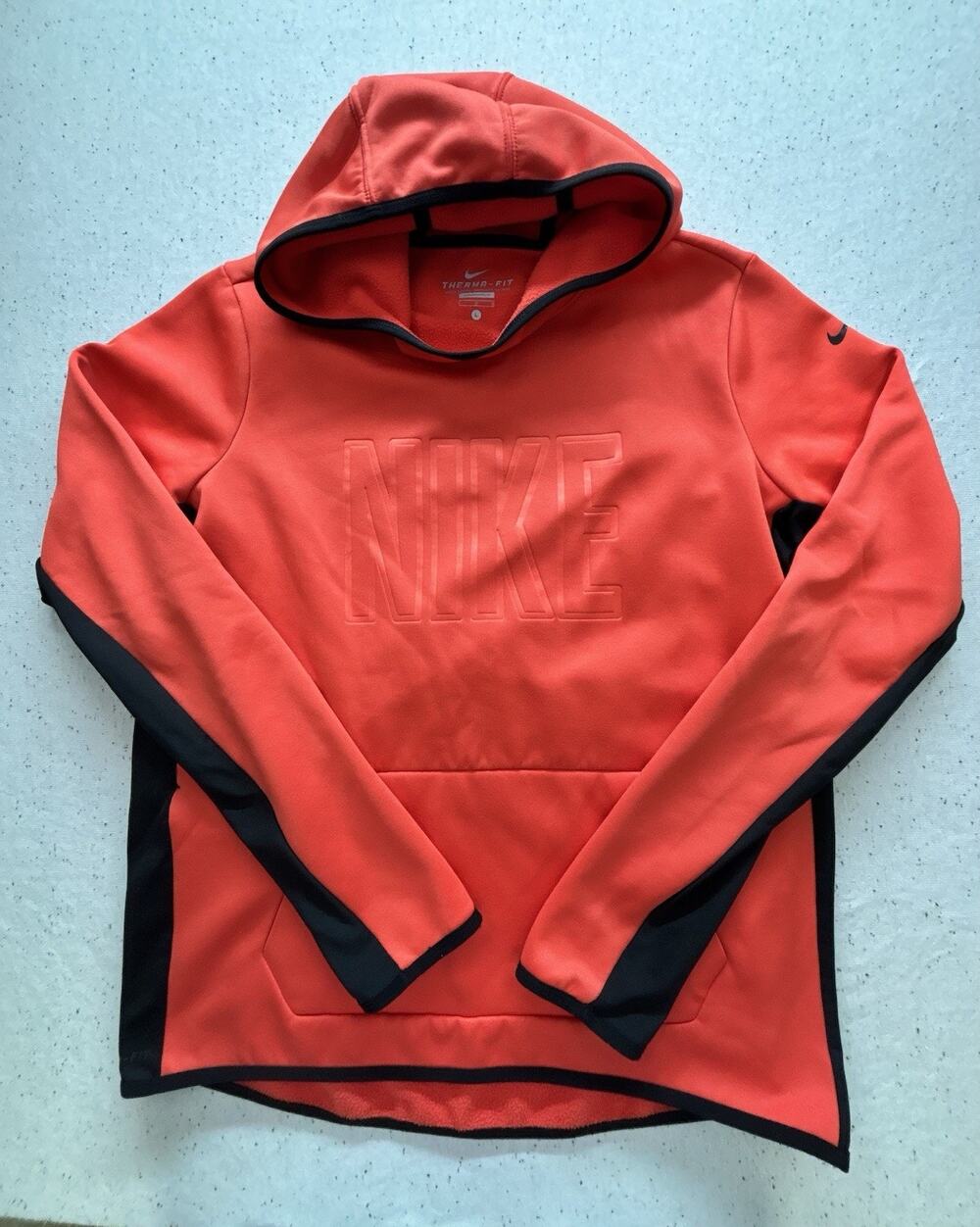 Nike Therma-FIT Hoodie Mens L Orange Red Black Embossed Spell Out Pullover